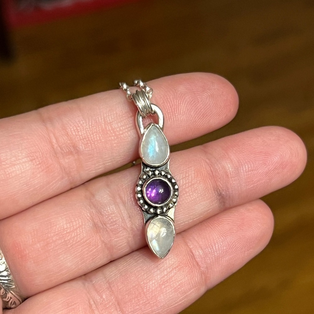 Double moonstone and amethyst sterling silver pendant
